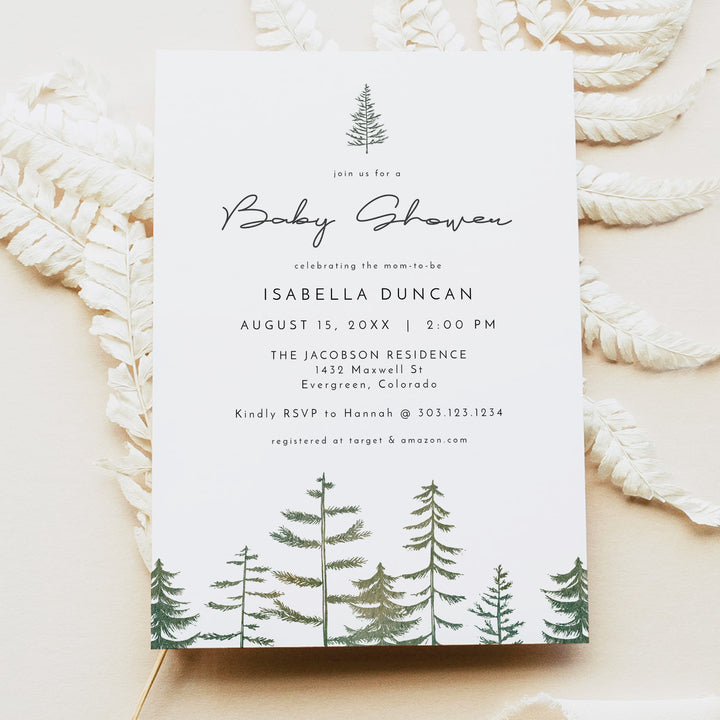 TIMBER Minimalist Pine Tree Woodland Baby Shower Invitation with Photo