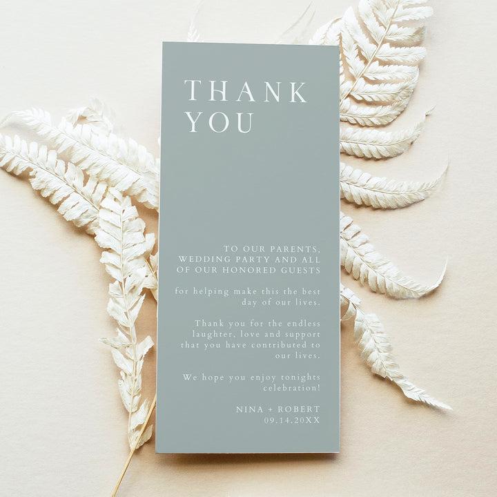 NINA Minimalist Sage Green Wedding Table Thank You Cards