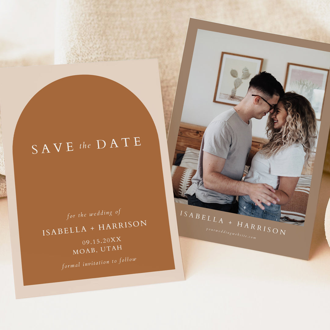 MIA Modern Minimalist Bohemian Arch Terracotta Save the Date Printed or Instant Download