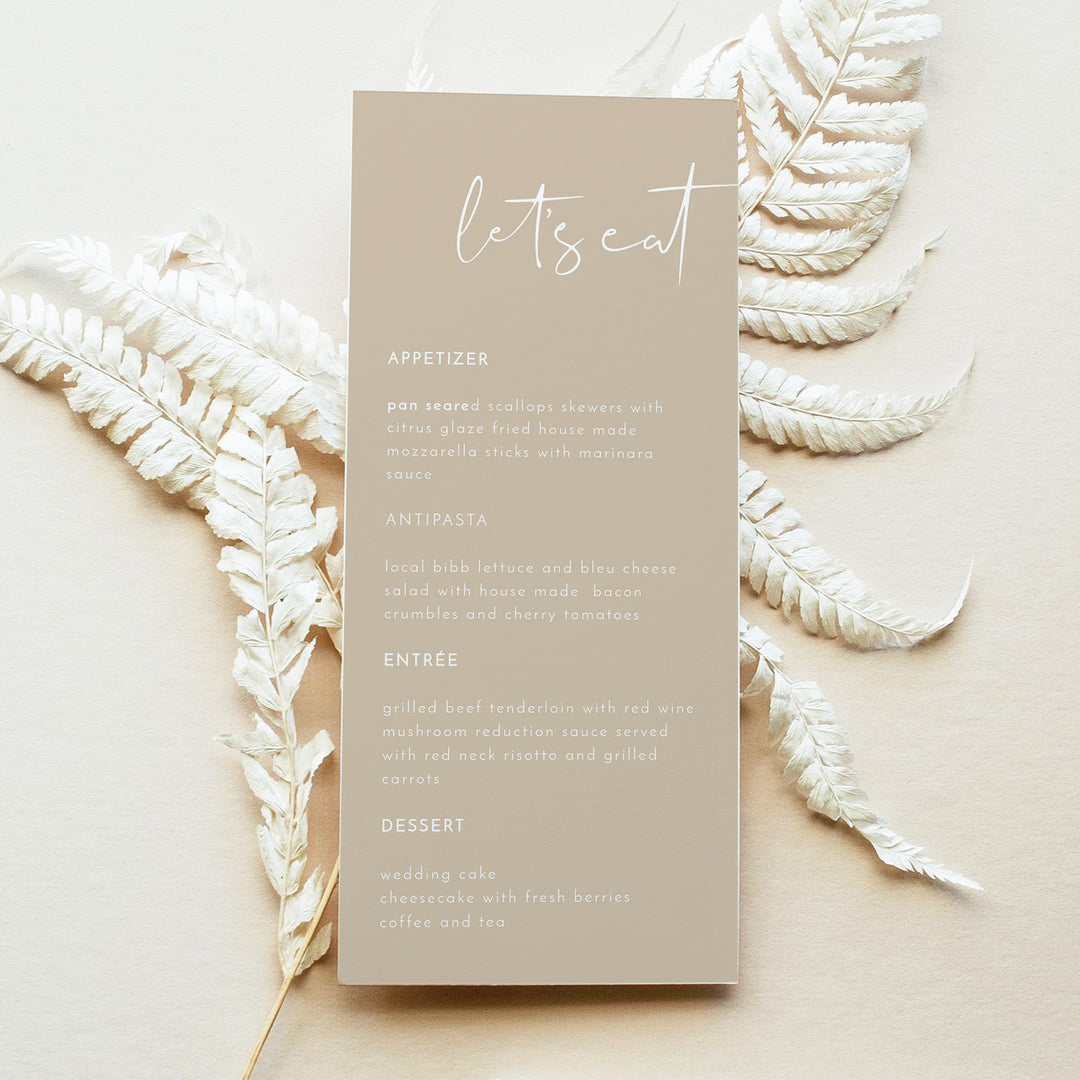 INDIE Beige Let's Eat Menu Cards for Desert Boho Wedding