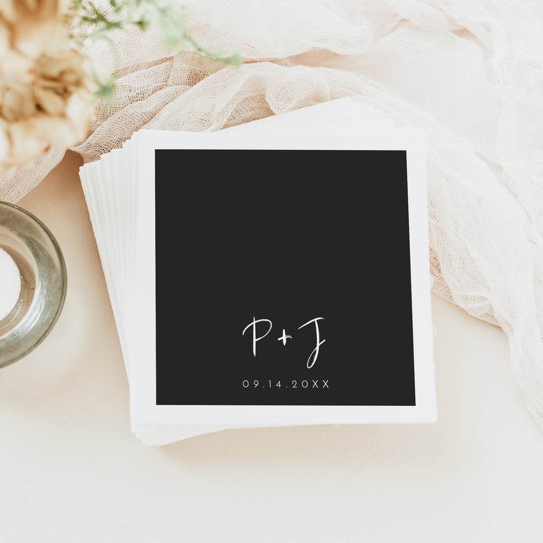 PRIYA Simple Black Monogram Wedding Napkins