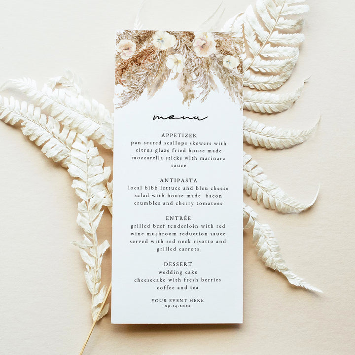 CIERA Bohemian Pampas Cream Boho Floral Menu Cards