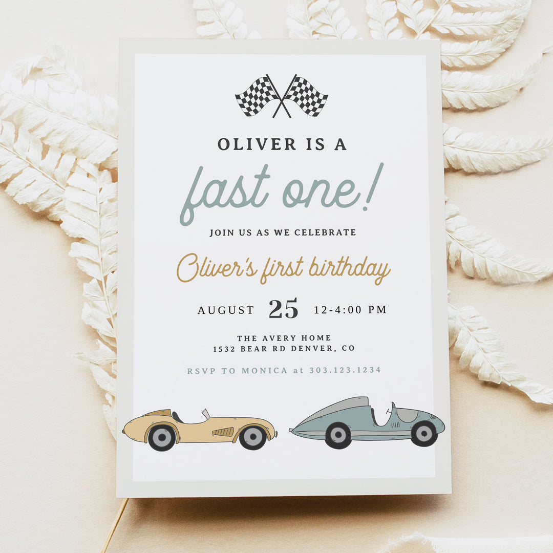 MAVERICK Boy's Retro Racing Car First Birthday Invitation with Photo