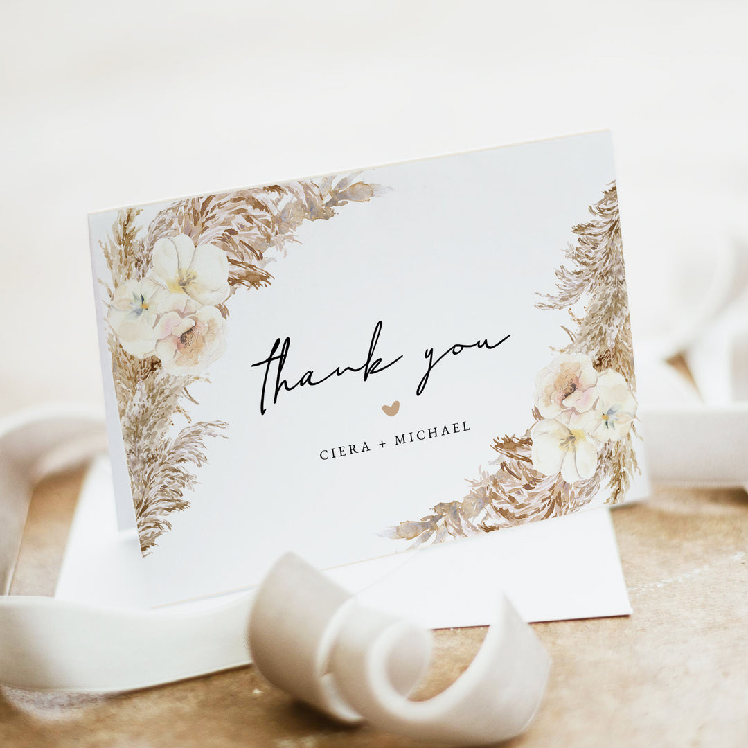 CIERA Pampas and Cream Floral Wedding Thank You Card Personalized