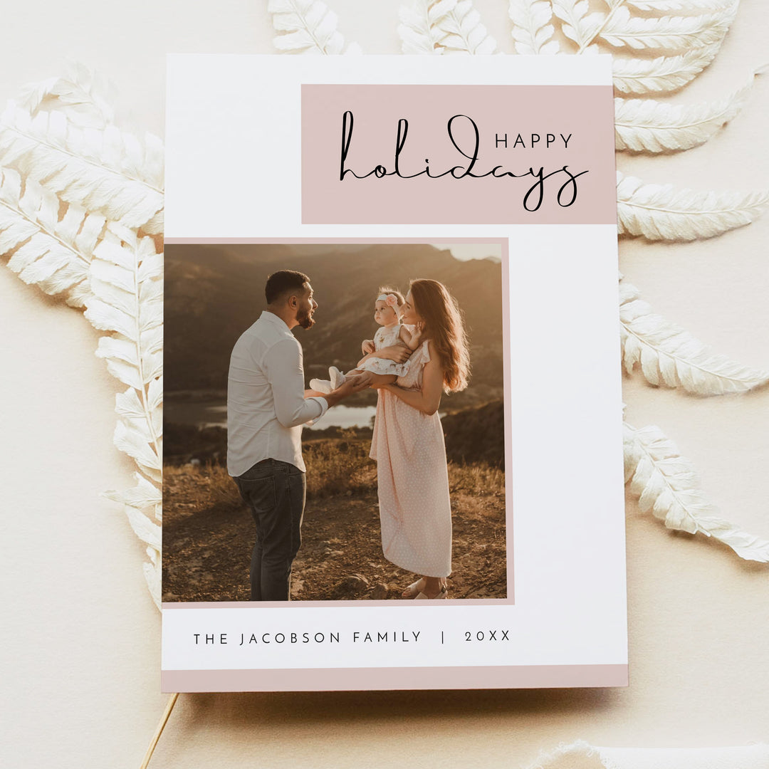 JALAINE Modern Blush Pink Happy Holidays Card with Photos