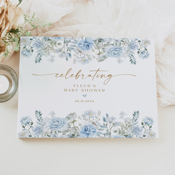 FLEUR Dusty Blue Winter Floral Baby Shower Guest Book Keepsake