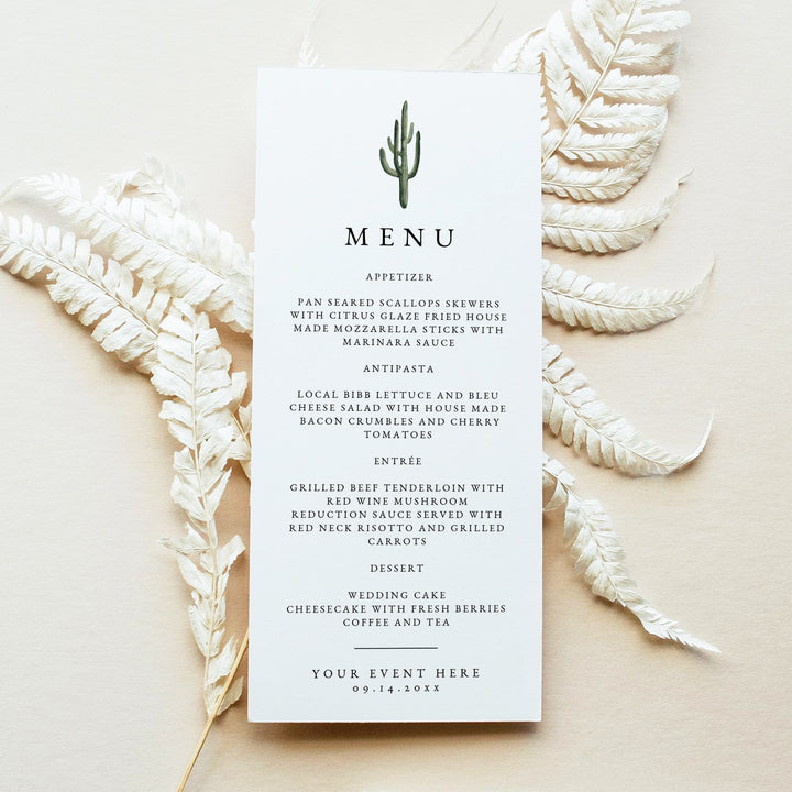 ELEANOR Minimalist Green Cactus Wedding Dinner Menu Card