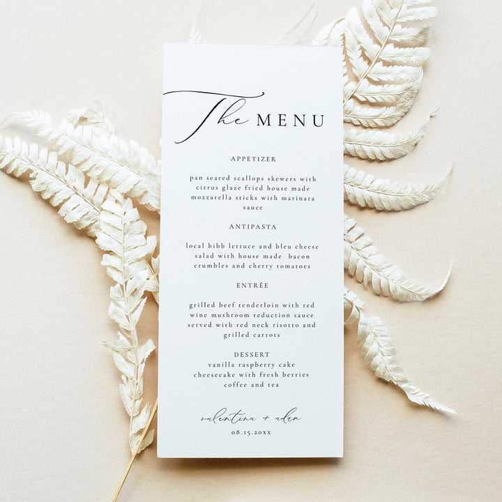 VALENTINA Minimalist Black and White Wedding Menu Cards