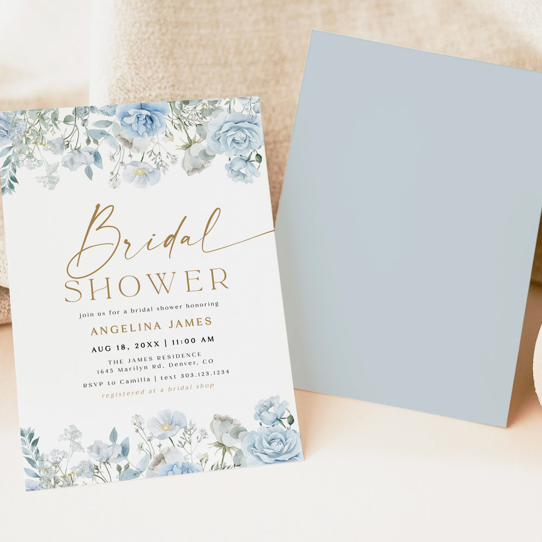 FLEUR Dusty Blue Floral Bridal Shower Invitation