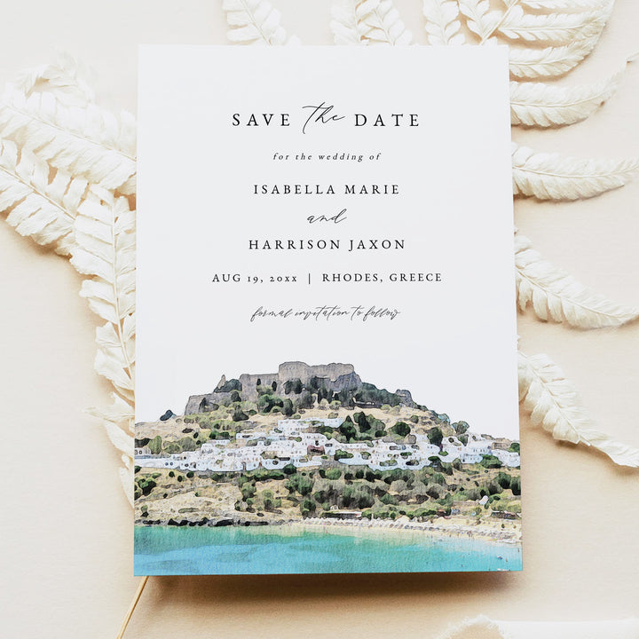 RHODES Coastal Greek Wedding Photo Save the Date Invite