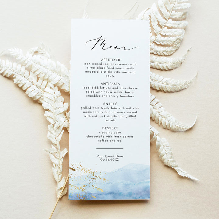 BLAKELY Elegant Dusty Blue Ocean Beach Menu Cards