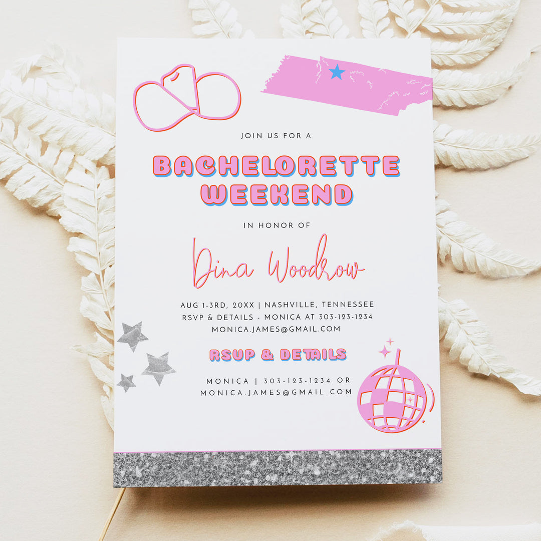 DINA Retro Pink Disco Cowgirl Bachelorette Invitations & Itinerary