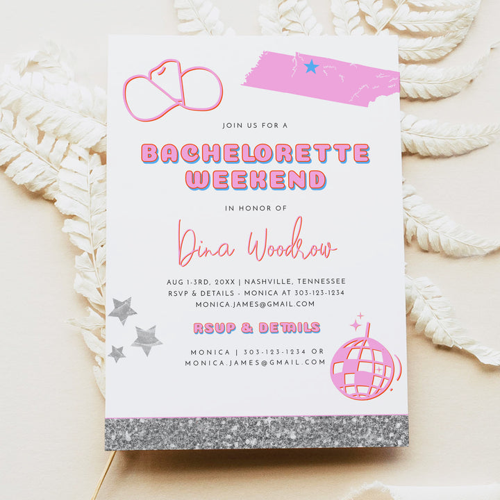 DINA Retro Pink Disco Cowgirl Bachelorette Invitations & Itinerary