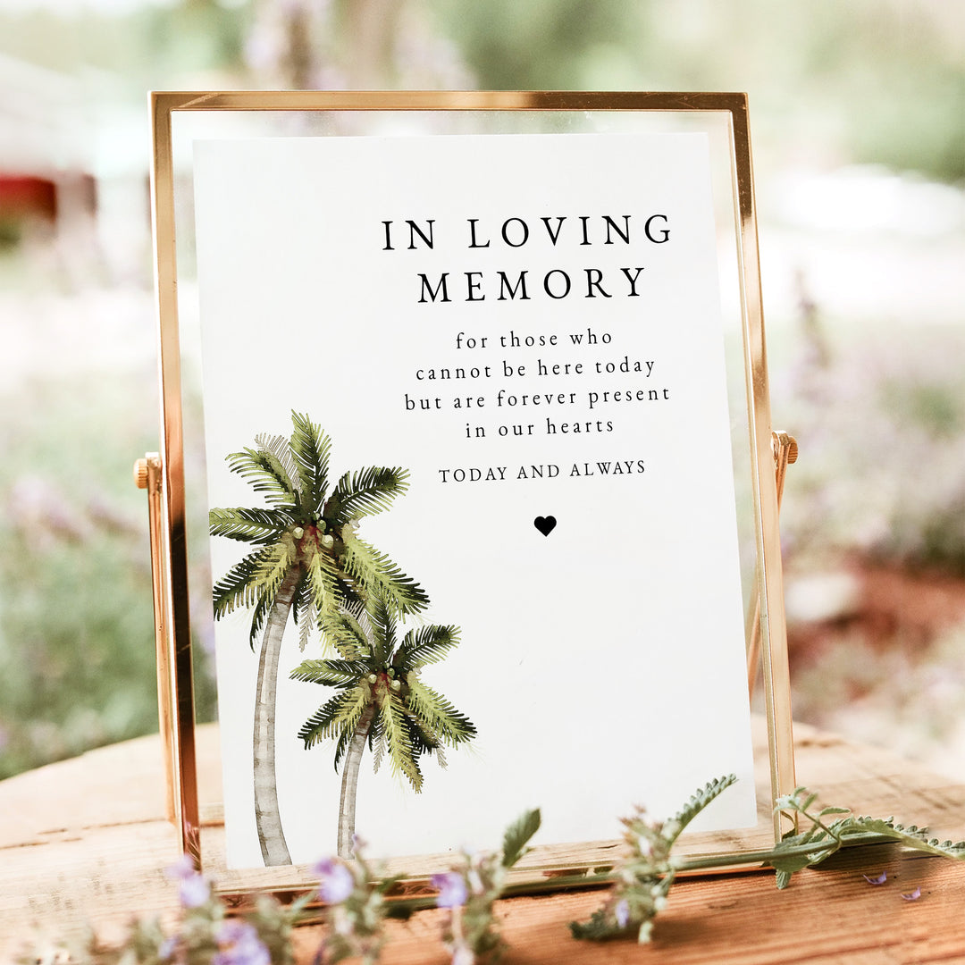 MONA In Loving Memory Watercolor Palm Tree Wedding Table Sign