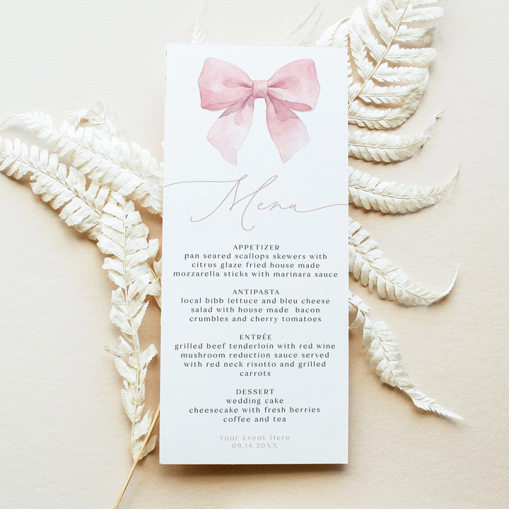 ANGELINA Feminine Blush Pink Bow Menu Cards