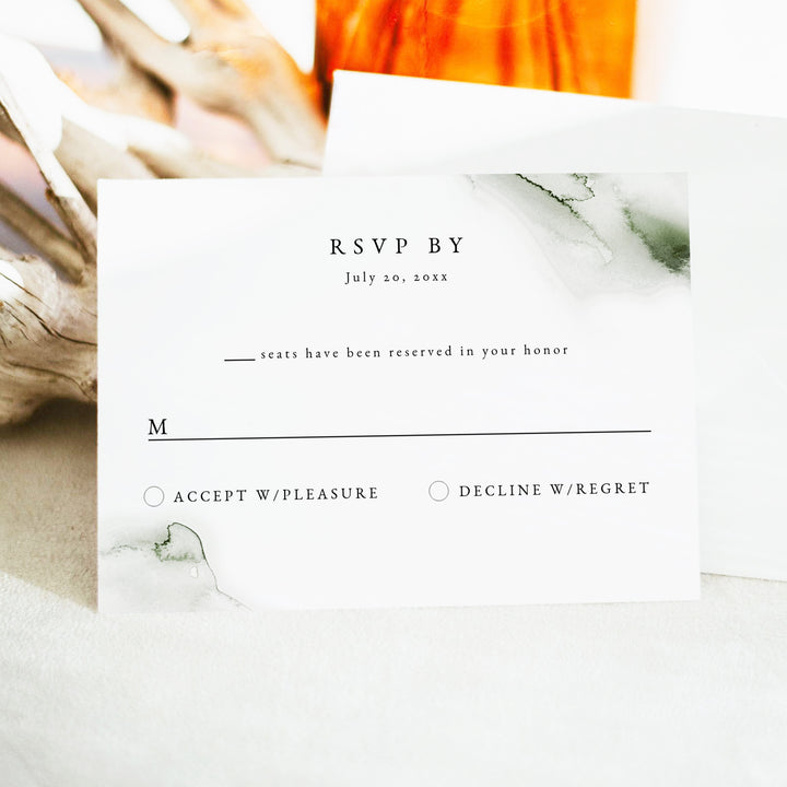MONA Green Watercolor Minimalist Wedding RSVP Card with Envelopes