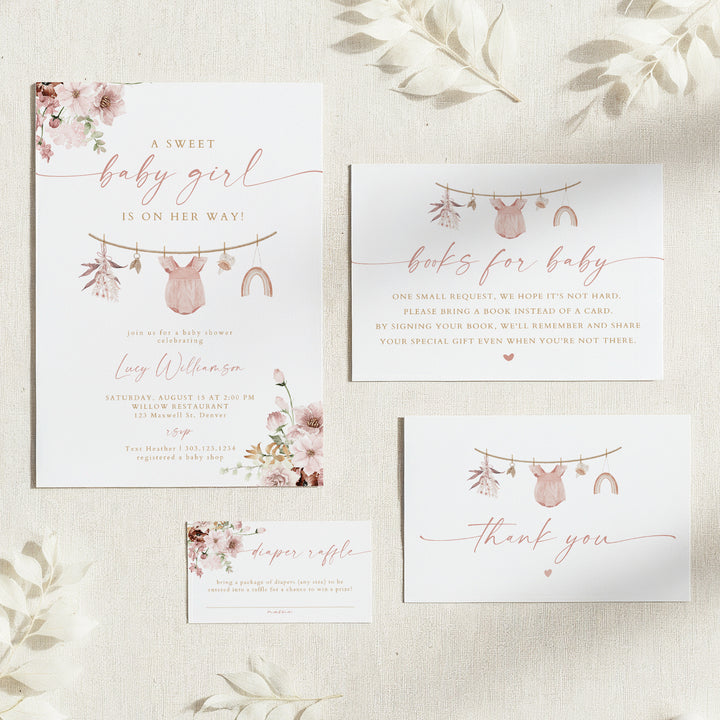 LUCY Sweet Baby Girl Boho Floral Baby Shower Invitation Suite