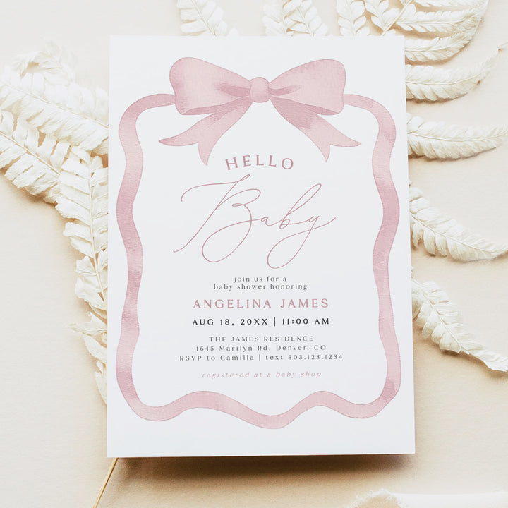 ANGELINA Pink Watercolor Bow Hello Baby Girl Shower Invitations