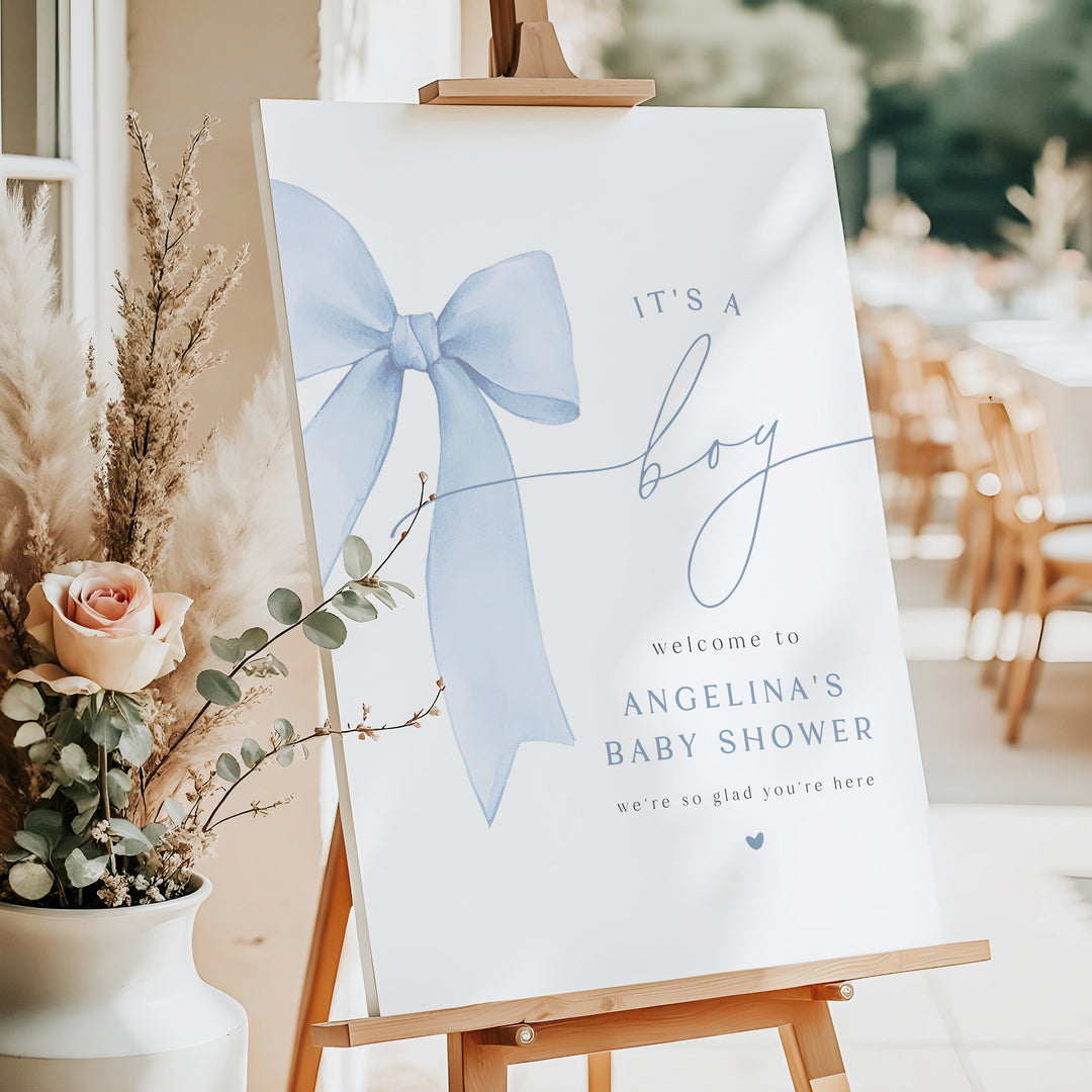ANGELINA Dusty Blue Bow It's a Boy Baby Shower Welcome Sign