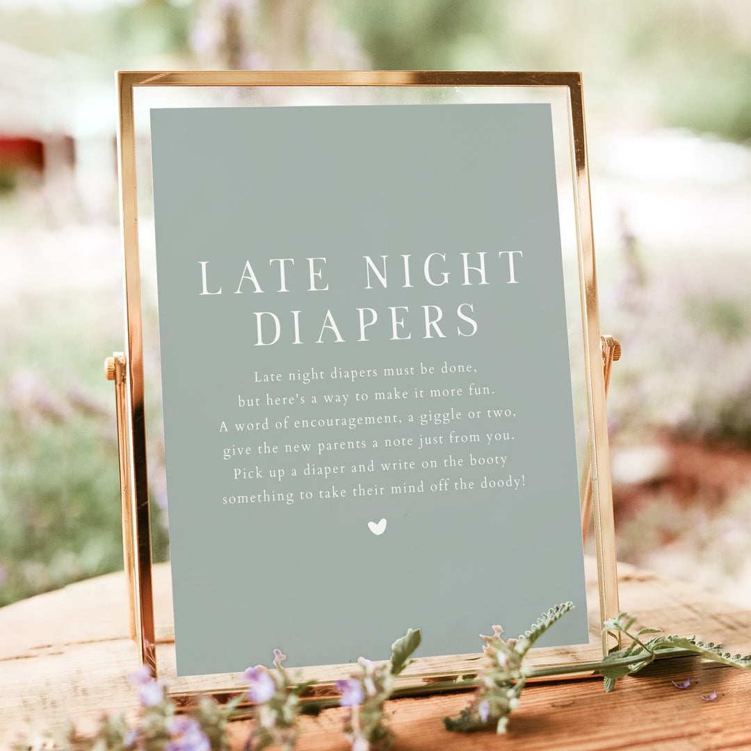 NINA Sage Green Baby Shower Late Night Diaper Activity Table Sign