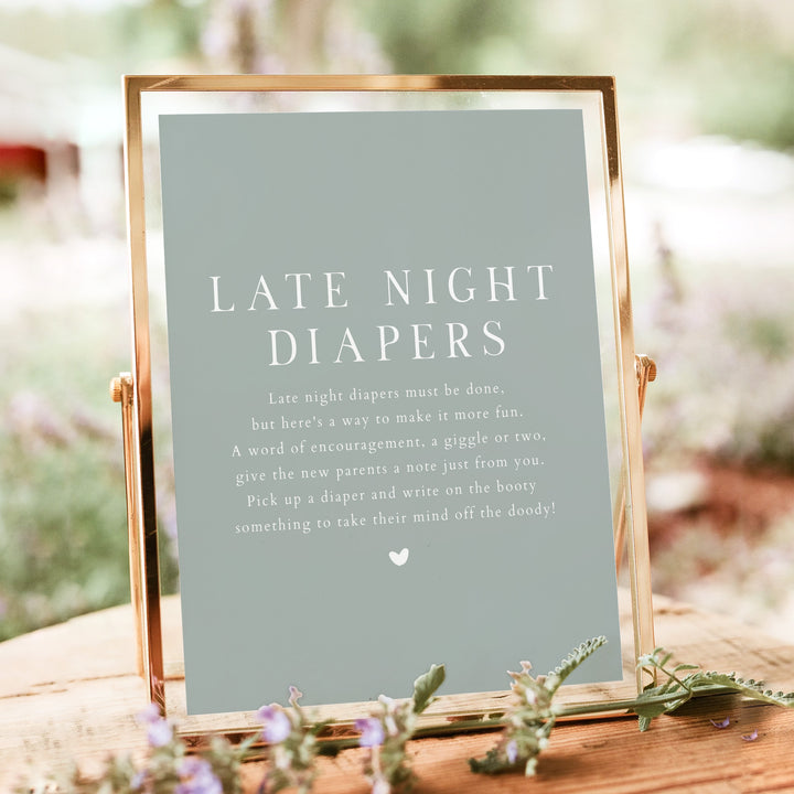 NINA Sage Green Baby Shower Late Night Diaper Activity Table Sign