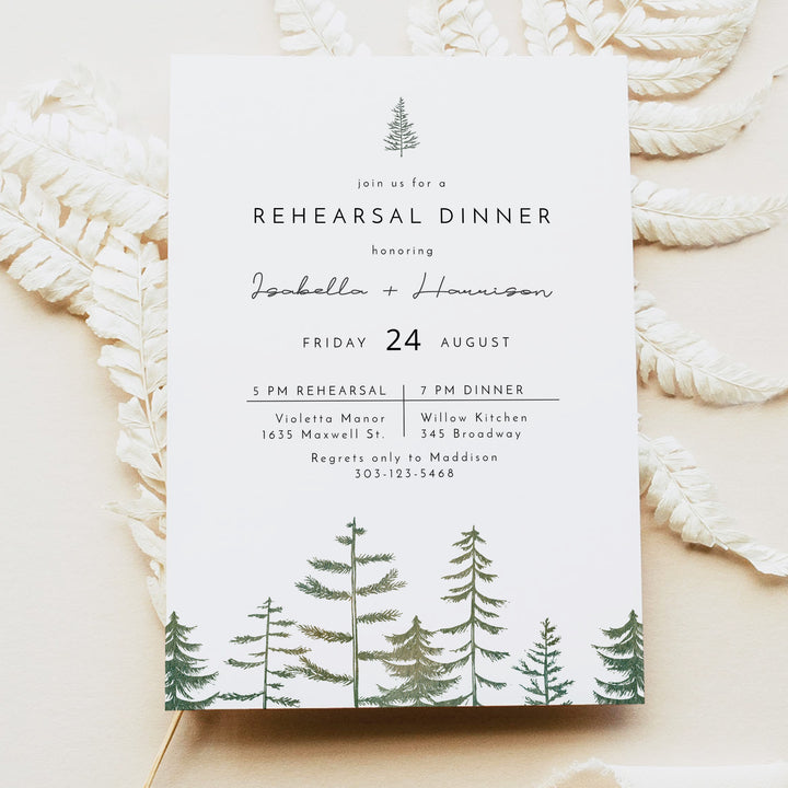 TIMBER Rustic Green Pine Forest Wedding Rehearsal Dinner Invitations