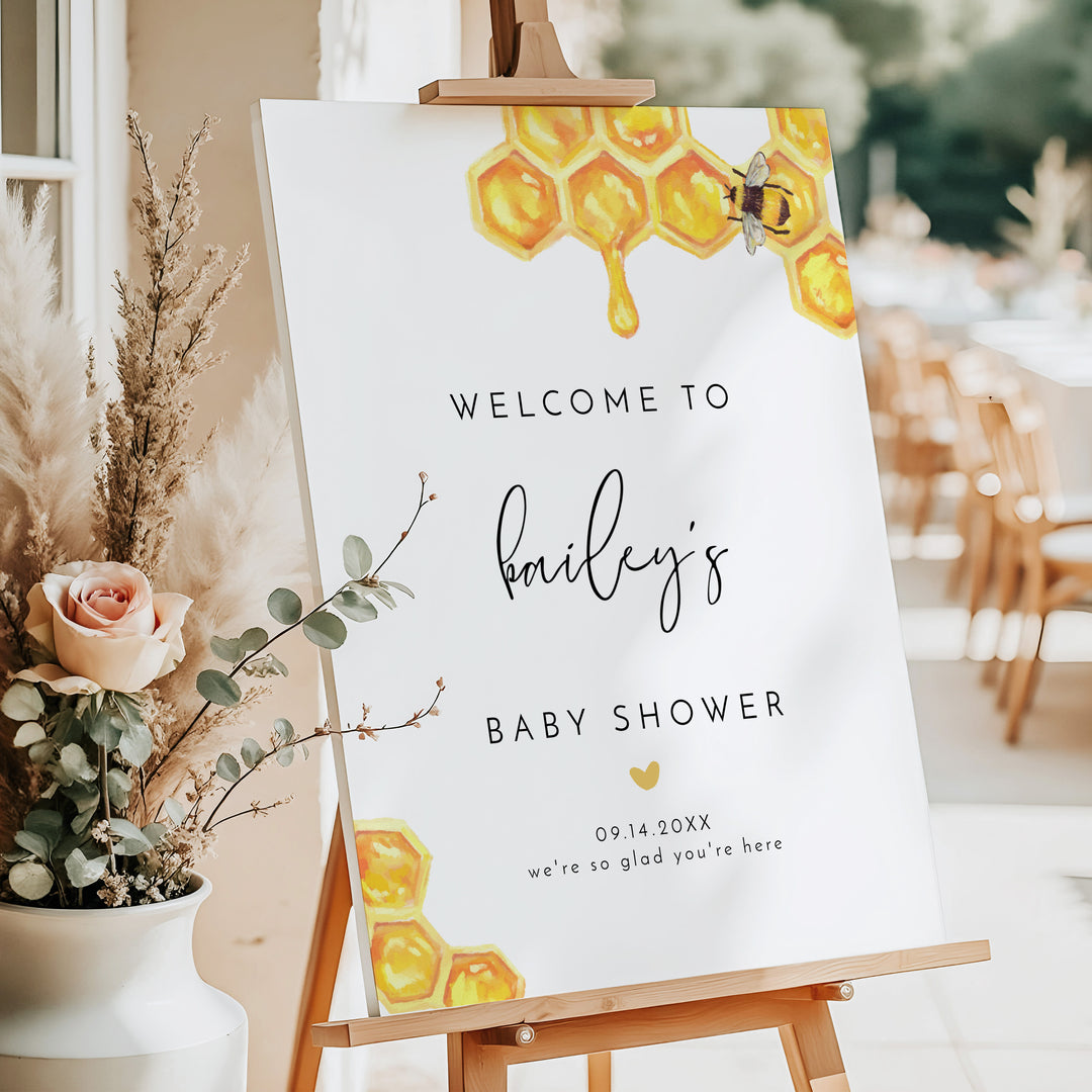 ROMY Boho Watercolor Bumble Bee Baby Shower Welcome Sign