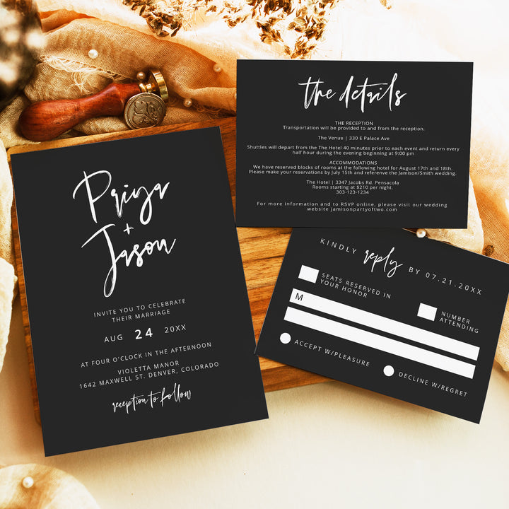 PRIYA Elegant Black and White Wedding Invitation Suite