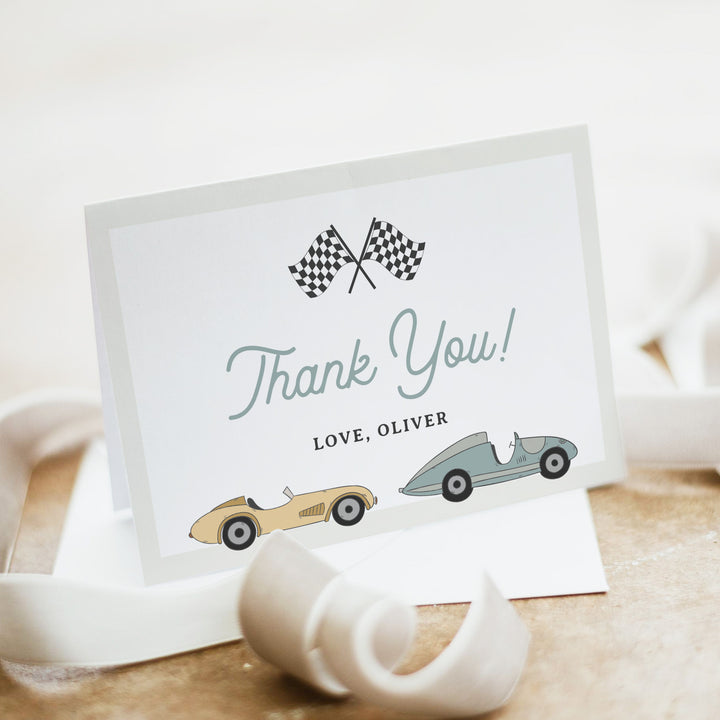 MAVERICK Retro Race Car 1st Birthday or Baby Shower Thank You Cards