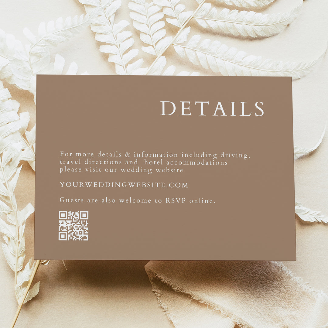 MIA Modern Minimalist Taupe Wedding Details Card Printed or Instant Download