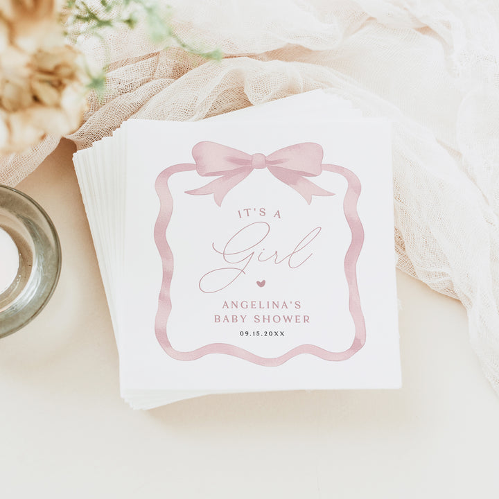 ANGELINA Elegant It's a Girl Pink Bow Baby Shower Napkins