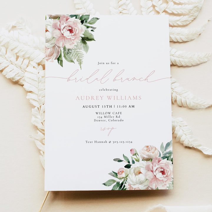 AUDREY Blush Pink Peony Floral Bridal Shower Brunch Invitation