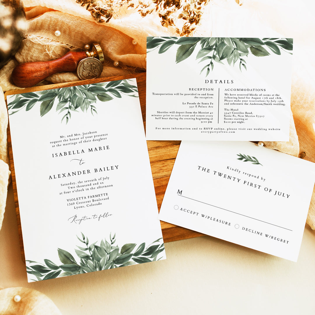 LANA Rustic Olive Green Winter Wedding Invitation Suite with Envelopes
