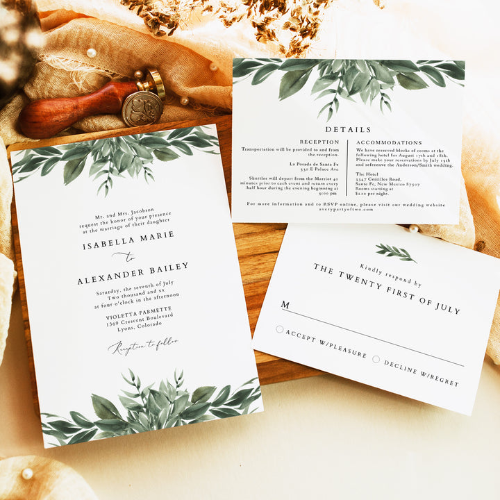 LANA Rustic Olive Green Winter Wedding Invitation Suite with Envelopes