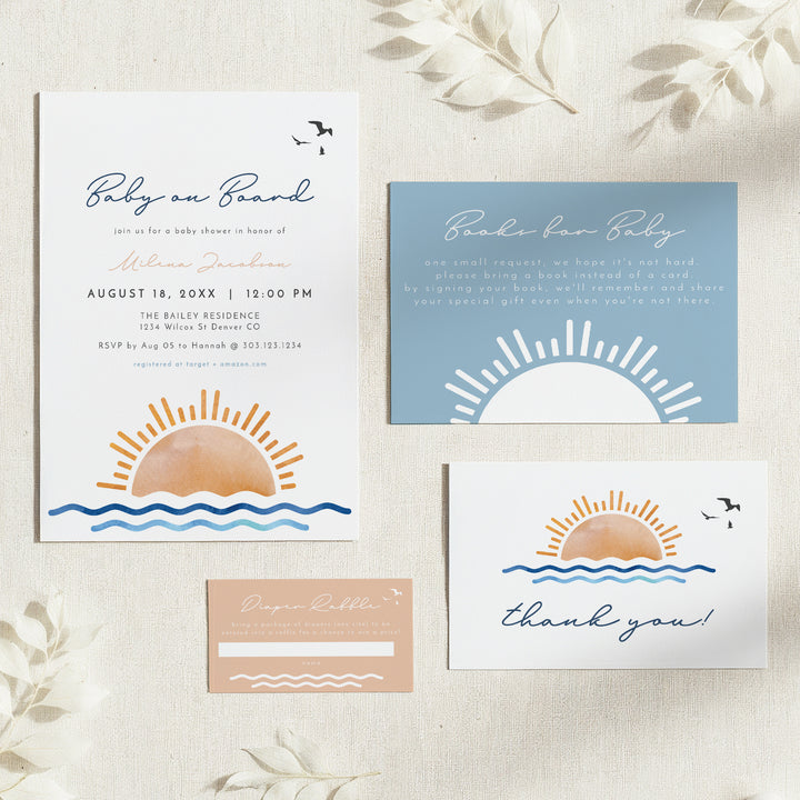 OCEANSIDE Baby on Board Baby Shower Invitation Bundle with Photo