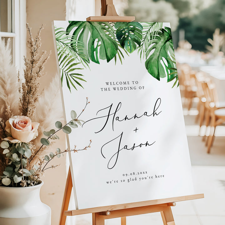 CORA Green Watercolor Monstera and Palm Wedding Welcome Sign