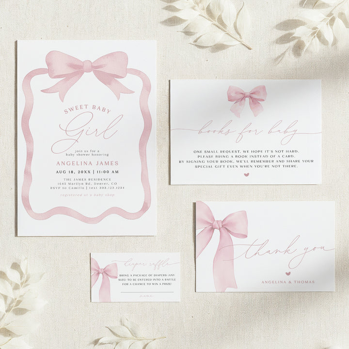 ANGELINA Girl Pink Bow Baby Shower Invitation Bundle