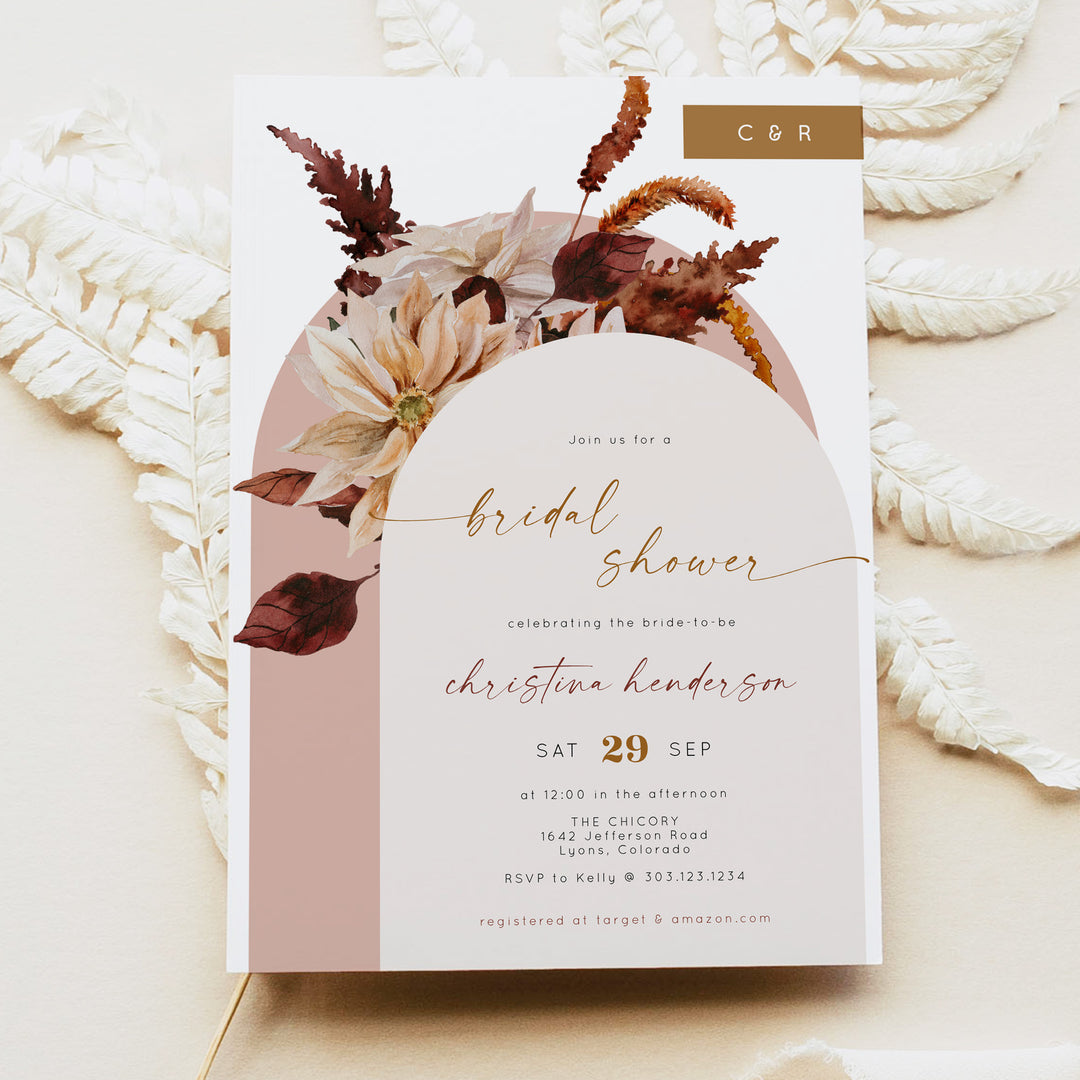 TALIA Dusty Rose Rustic Fall Floral Bridal Shower Photo Invitation