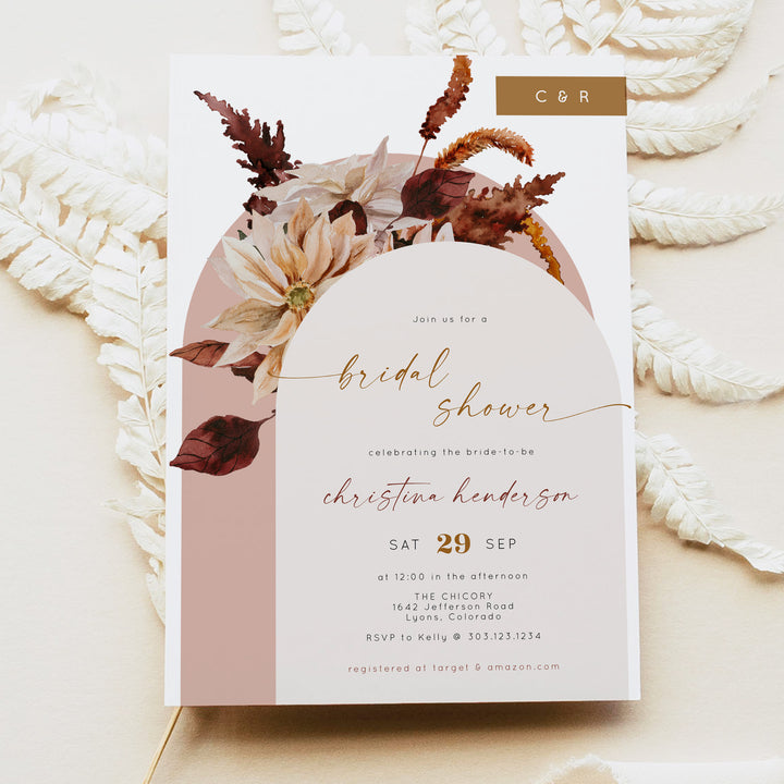 TALIA Dusty Rose Rustic Fall Floral Bridal Shower Photo Invitation