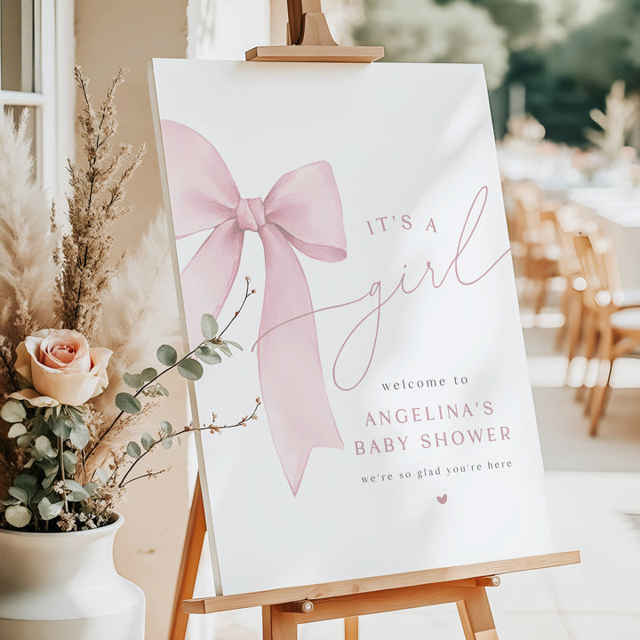 ANGELINA Blush Pink Bow It's a Girl Baby Shower Welcome Sign