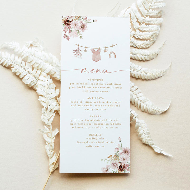 LUCY Pink Floral Clothesline Baby Shower Menu Cards