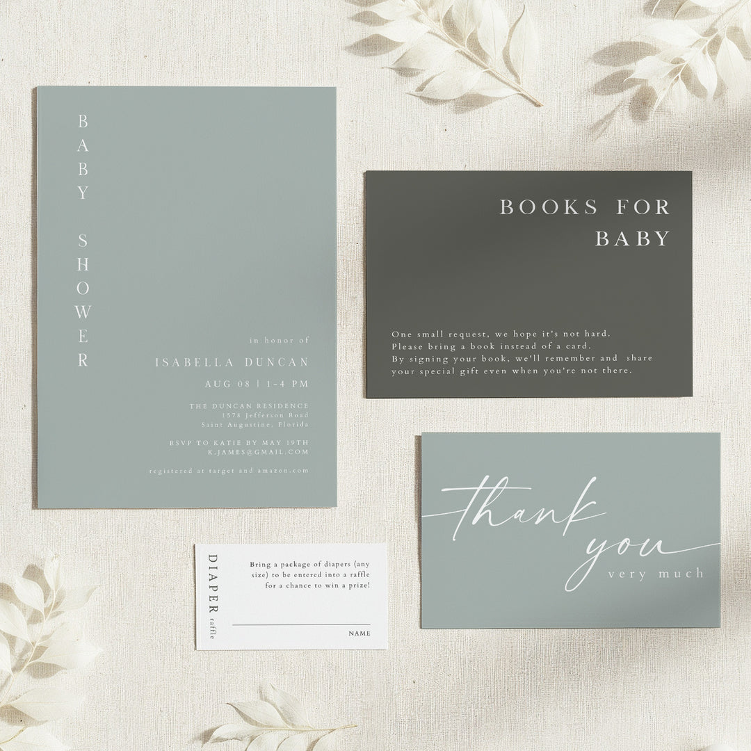 NINA Modern Sage Green Boho Baby Shower Invitation Suite