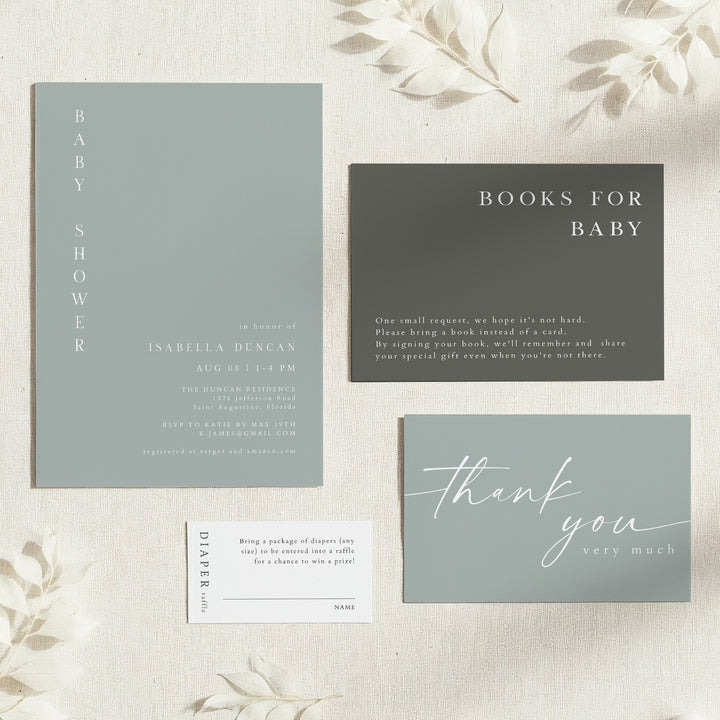 NINA Modern Sage Green Boho Baby Shower Invitation Suite