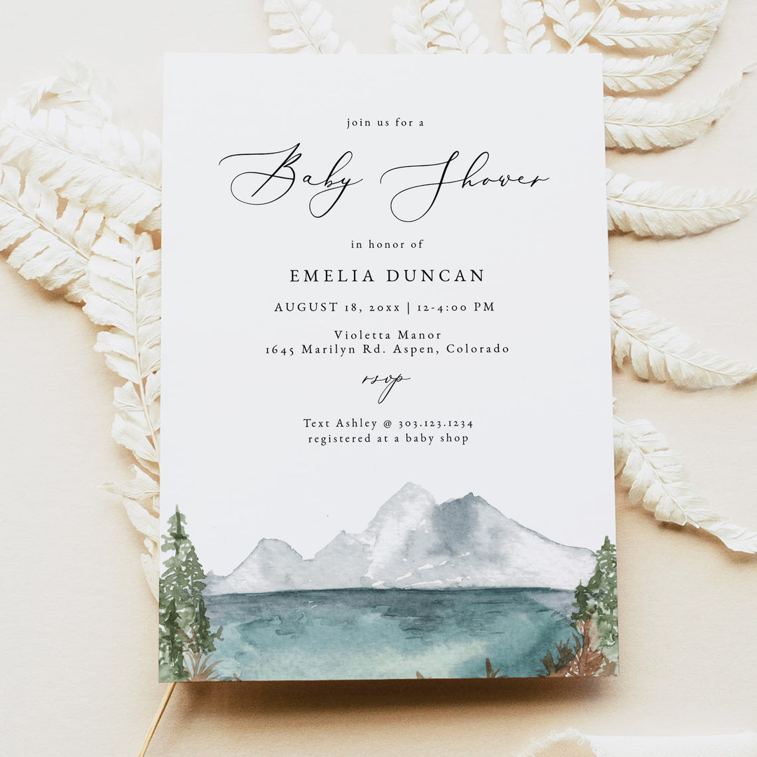 CLOVER Rustic Woodland Mountain Baby Boy Shower Invitations