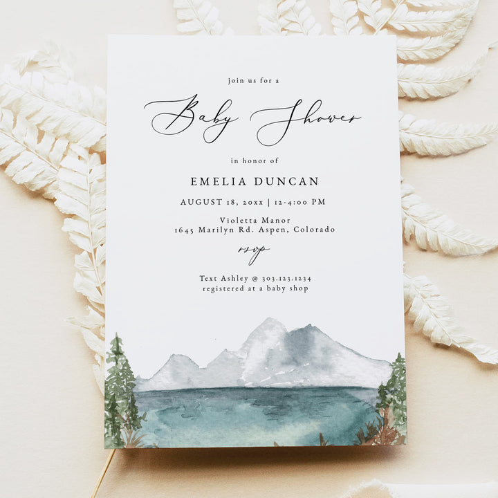 CLOVER Rustic Woodland Mountain Baby Boy Shower Invitations
