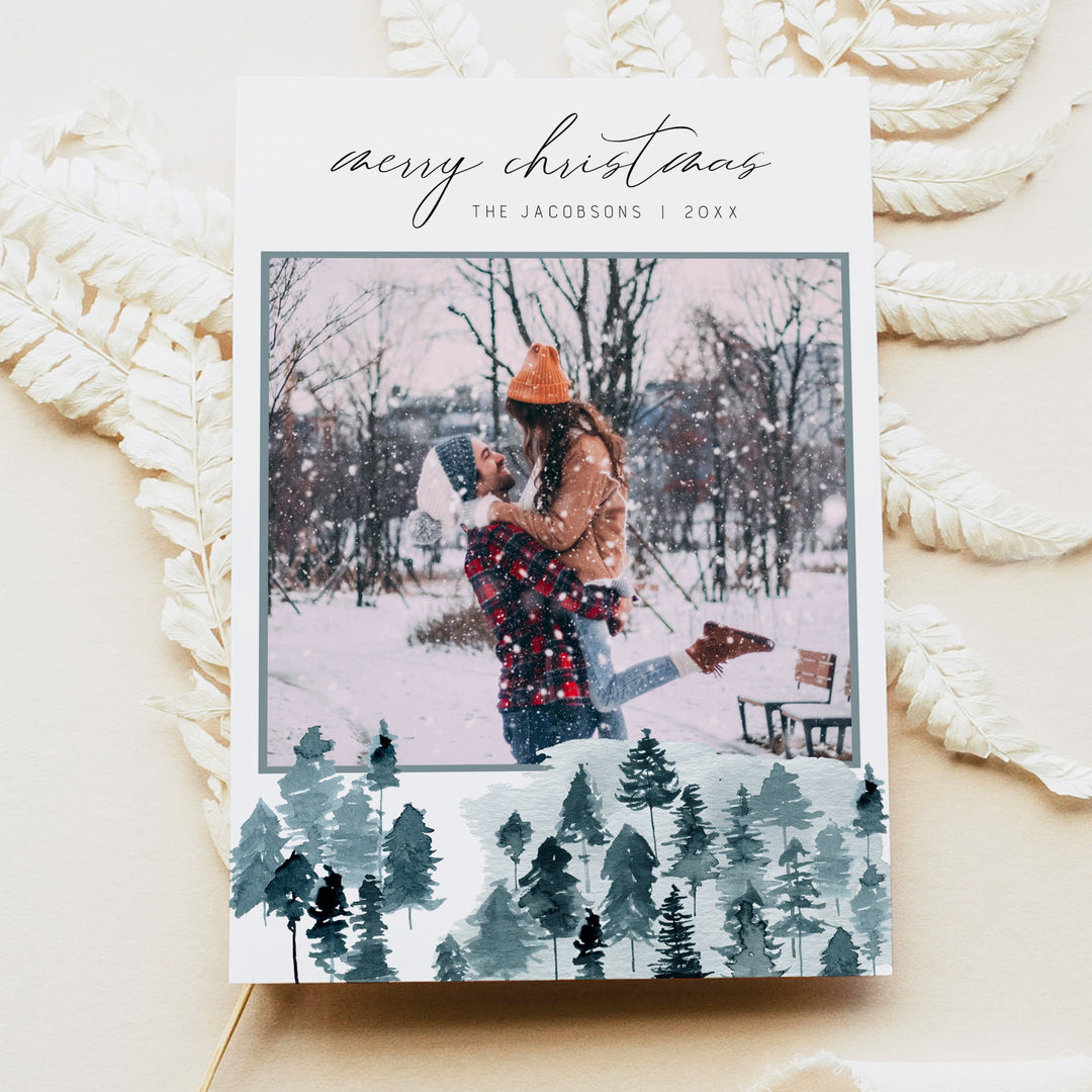EGRET Slate Blue Pine Tree Watercolor Christmas Cards Set