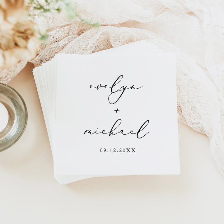 EVELYN Personalized Black and White Mininalist Wedding Napkins