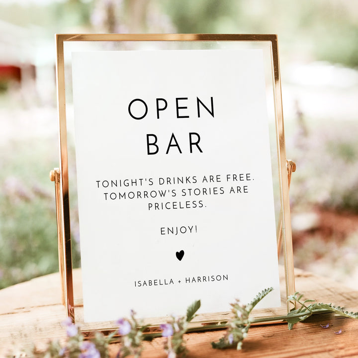 KENNEDY Modern Black and White Open Bar Wedding Sign Unframed