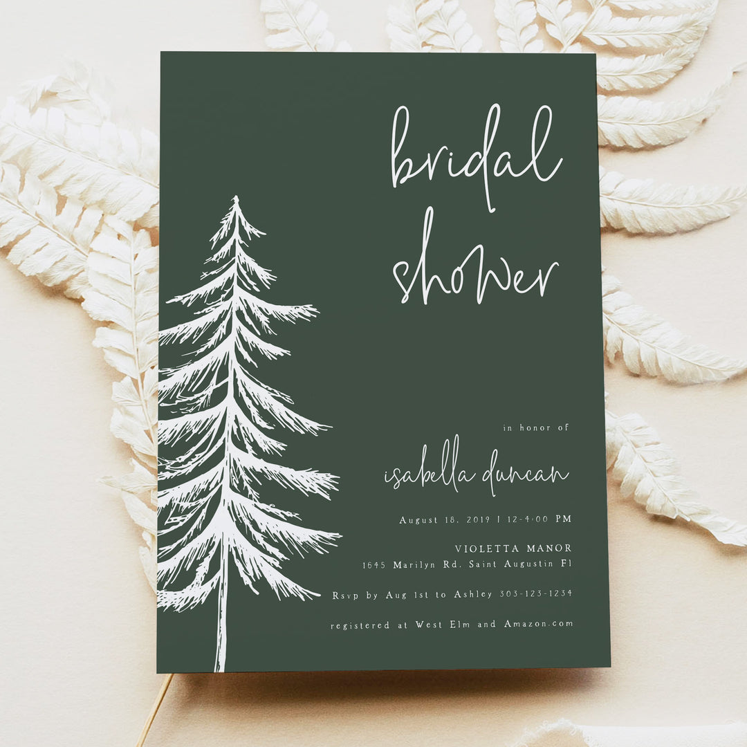 ASH Rustic Forest Green Pine Tree Bridal Shower Photo Invite