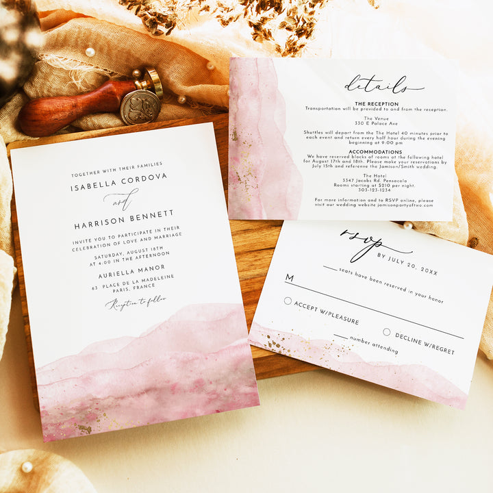 JULIEN Blush Pink Watercolor Wedding Photo Invitation Suite